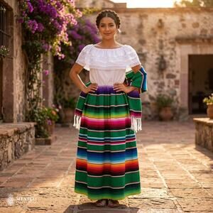 Traditional Mexican Sarape Dress Set, 3 Piece Outfit with Blouse, Skirt & Rebozo